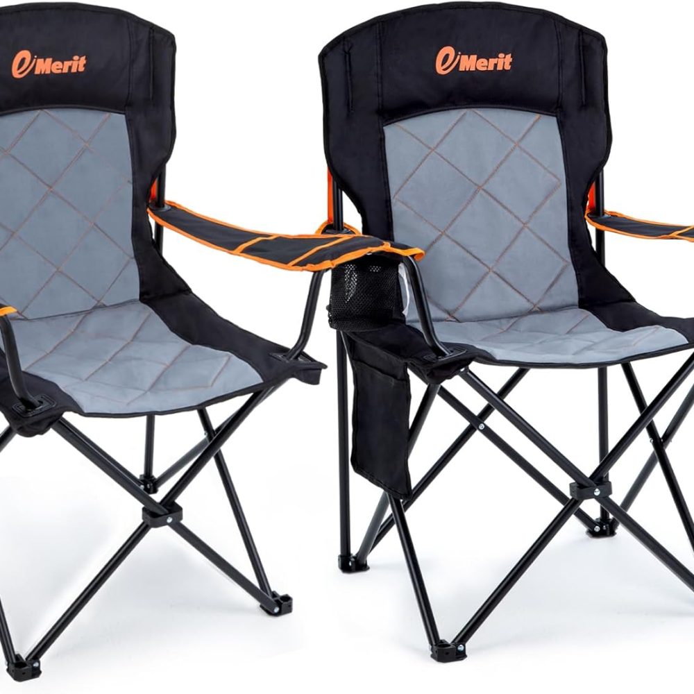 EMERIT 2 Pack Oversized Padded Camping Chair, 350LB Heavy Duty Quad Fold Chair with Arms, Collapsible Outdoor Chairs with Lumbar Back & Cup Holder
